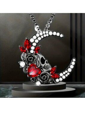 Necklace Moon Skull Crystal Rhinestones Red Emo Goth Black Scene Heart Trendy